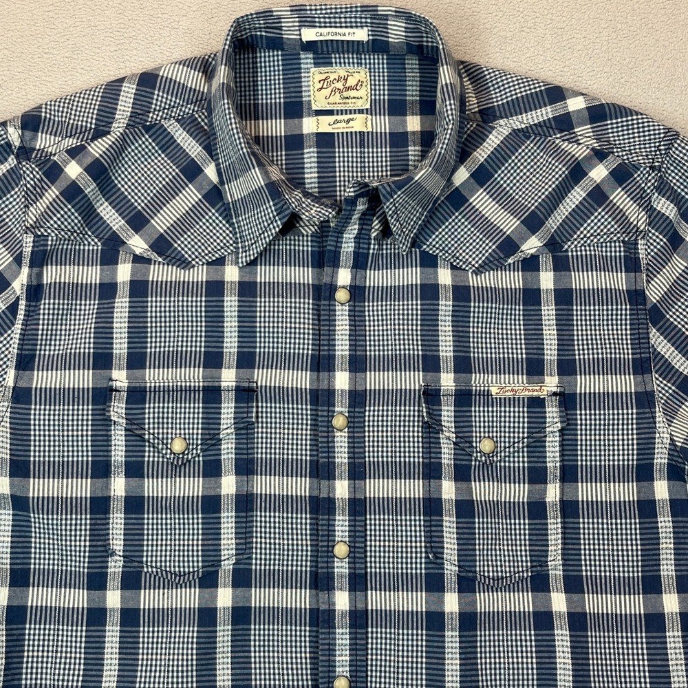 Lucky Brand Mens Blue Plaid Pearl Snap Western Shirt California Fit CottonL